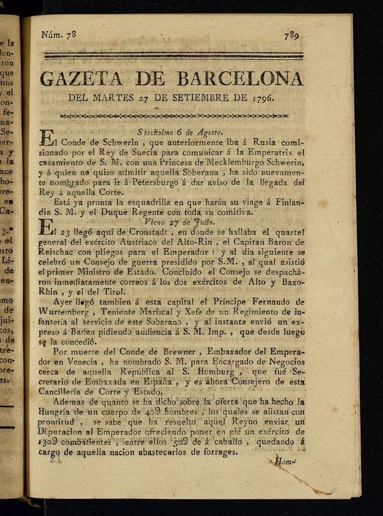 Miniatura de Gazeta de Barcelona de 27 de septiembre de 1796, nº 78