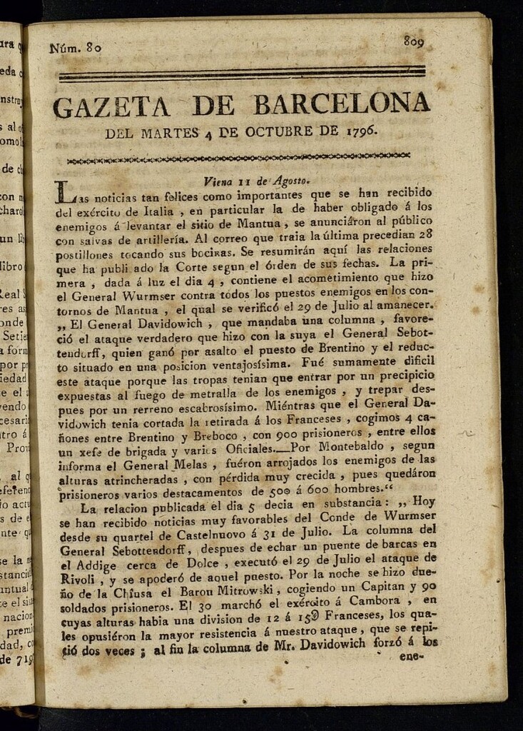 Miniatura de Gazeta de Barcelona de 4 de octubre de 1796, nº 80