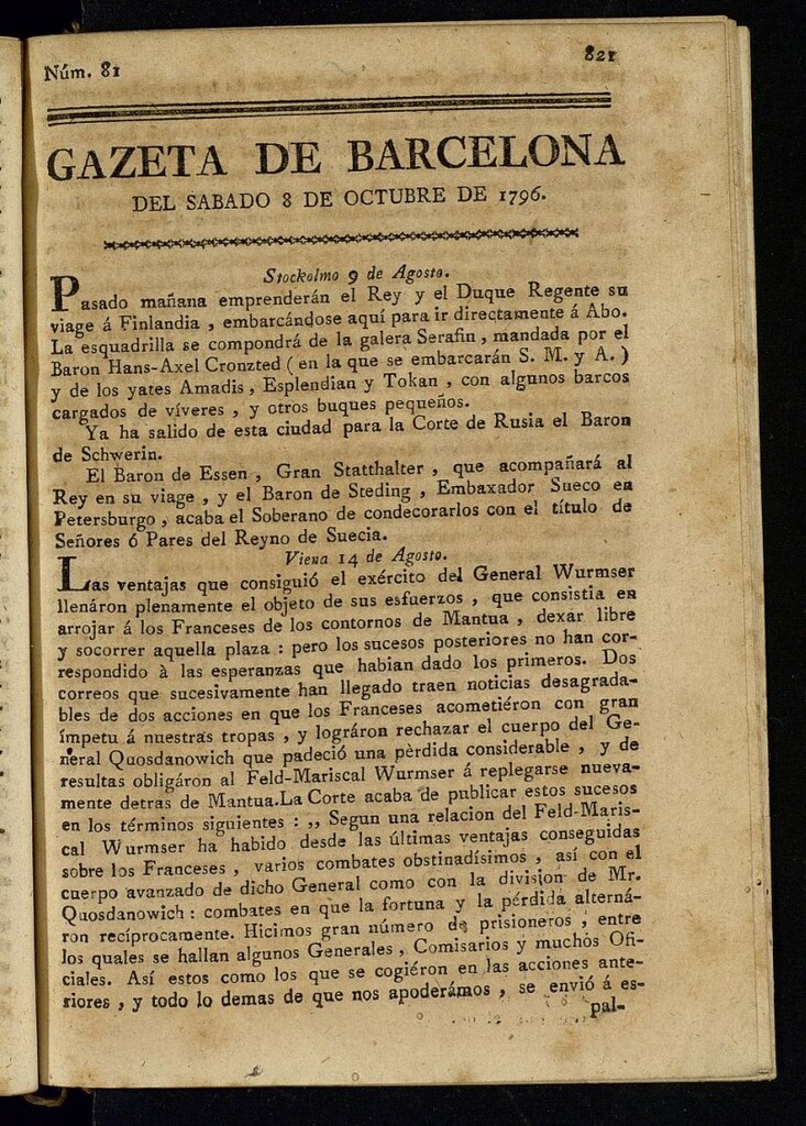 Miniatura de Gazeta de Barcelona de 8 de octubre de 1796, nº 81