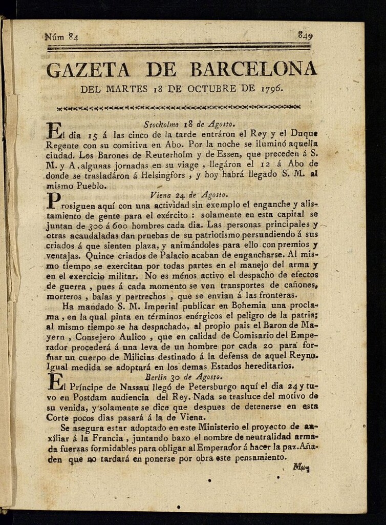 Miniatura de Gazeta de Barcelona de 18 de octubre de 1796, nº 84