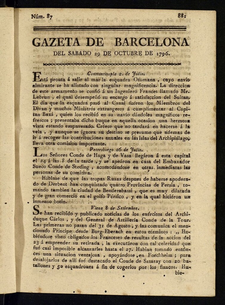Miniatura de Gazeta de Barcelona de 29 de octubre de 1796, nº 87