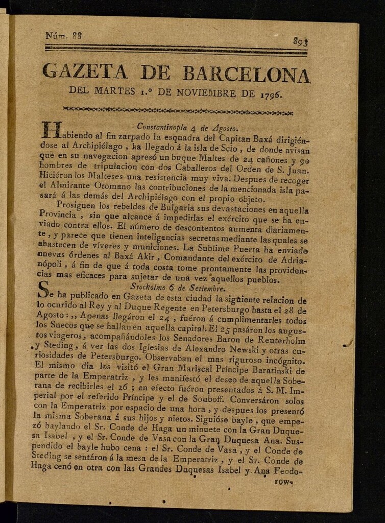 Miniatura de Gazeta de Barcelona de 1 de noviembre de 1796, nº 88