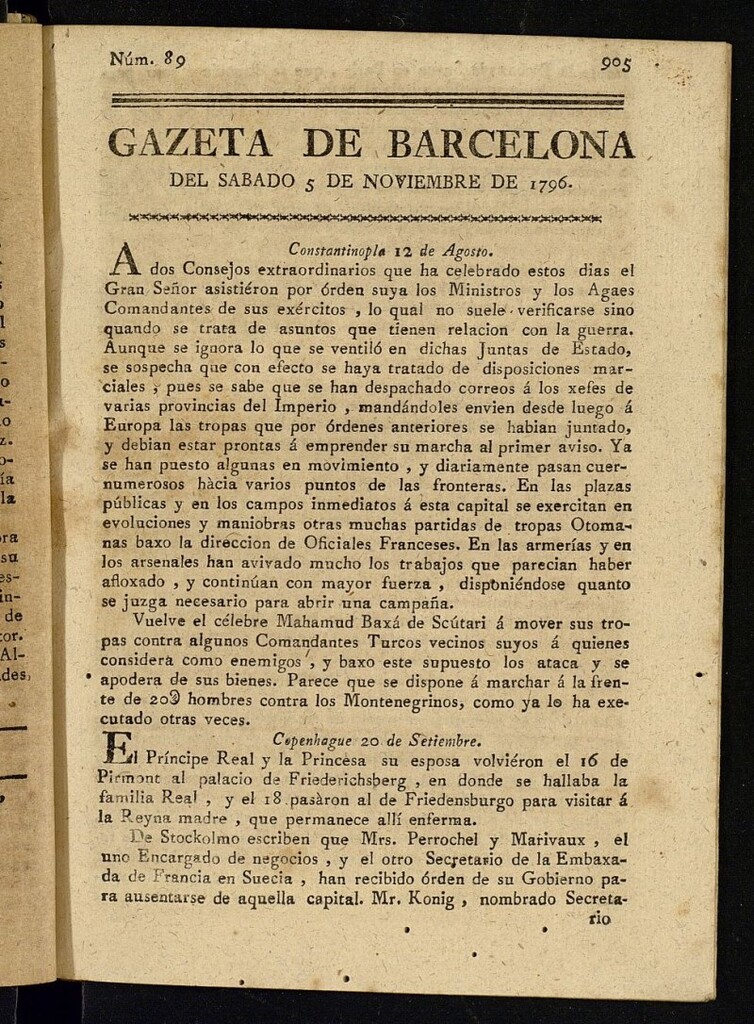 Miniatura de Gazeta de Barcelona de 5 de noviembre de 1796, nº 89