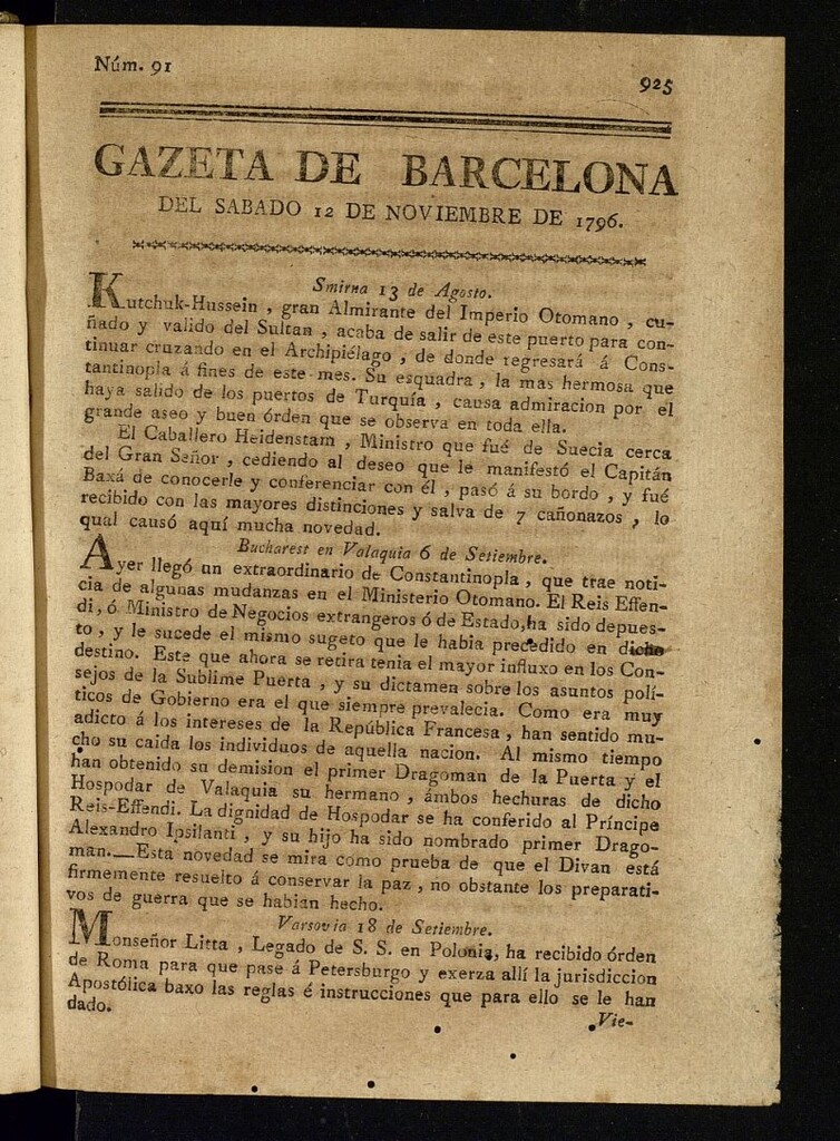 Miniatura de Gazeta de Barcelona de 12 de noviembre de 1796, nº 91