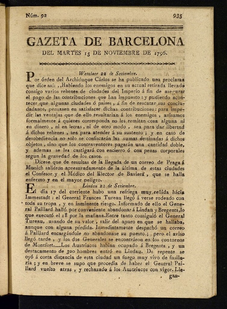 Miniatura de Gazeta de Barcelona de 15 de noviembre de 1796, nº 92