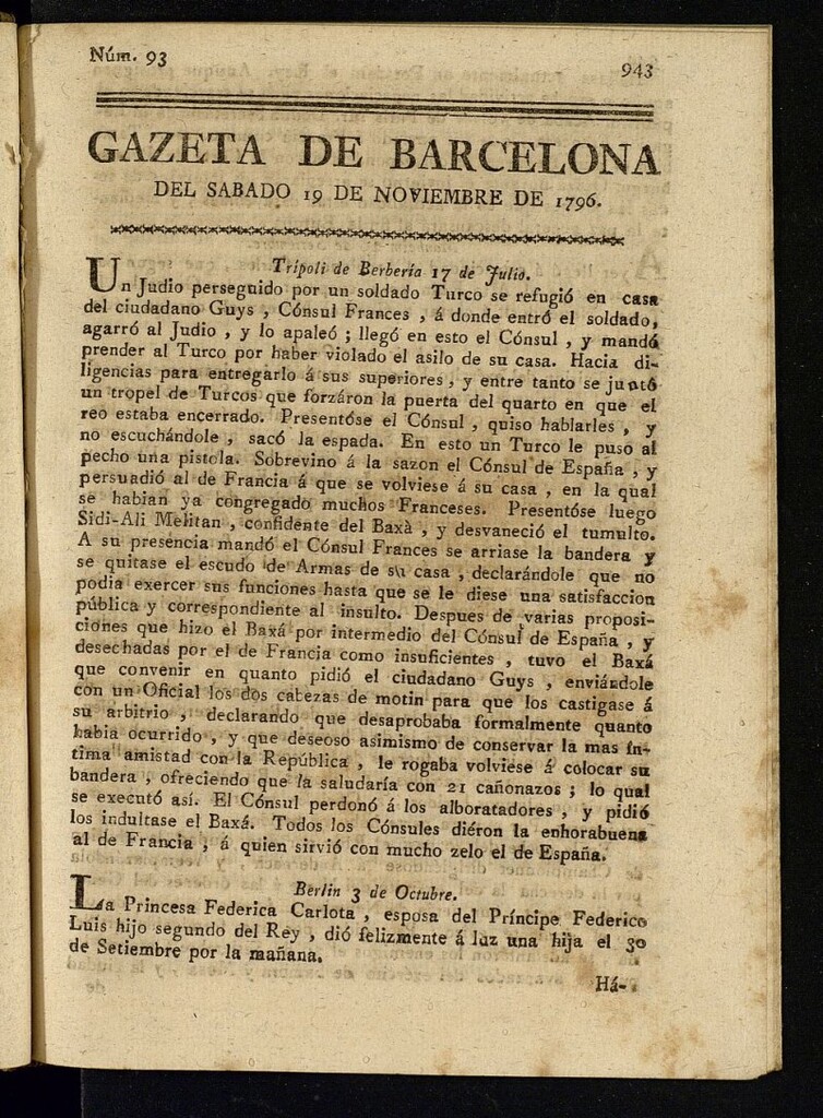 Miniatura de Gazeta de Barcelona de 19 de noviembre de 1796, nº 93