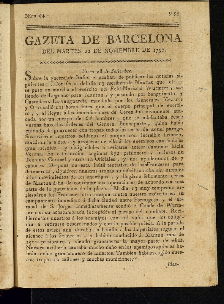 Miniatura de Gazeta de Barcelona de 22 de noviembre de 1796, nº 94
