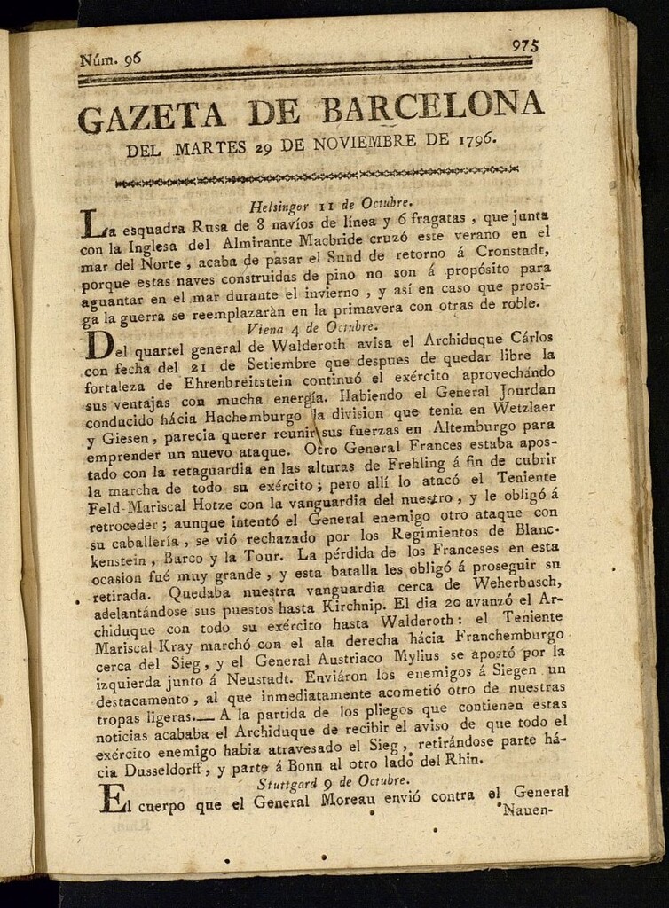 Miniatura de Gazeta de Barcelona de 29 de noviembre de 1796, nº 96