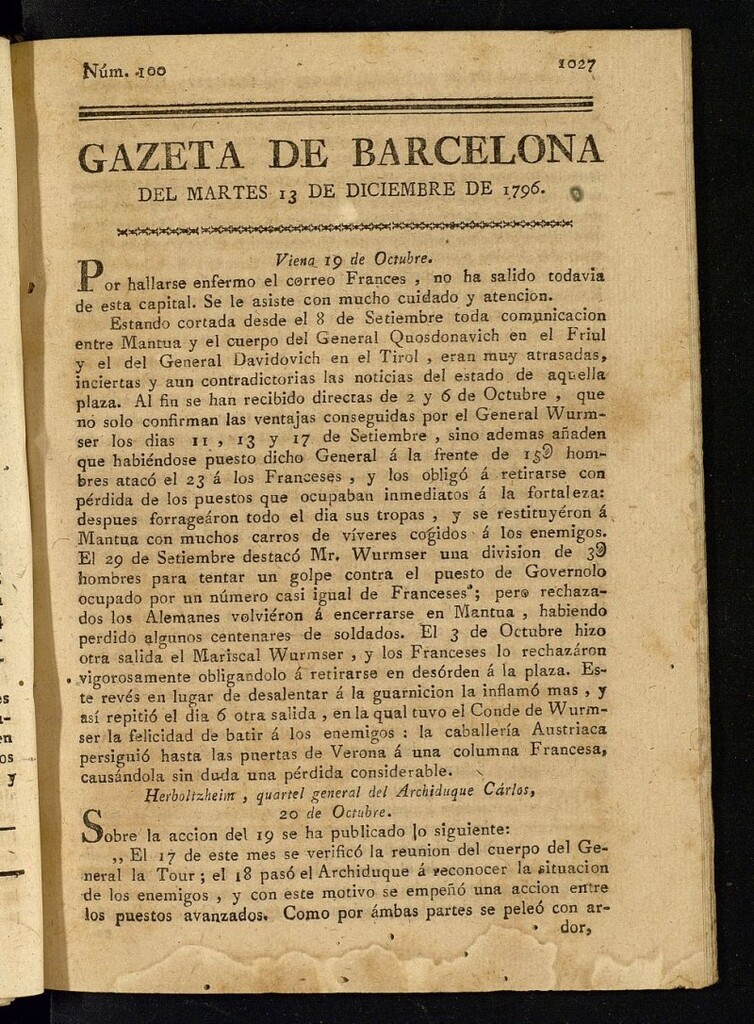 Miniatura de Gazeta de Barcelona de 13 de diciembre de 1796, nº 100