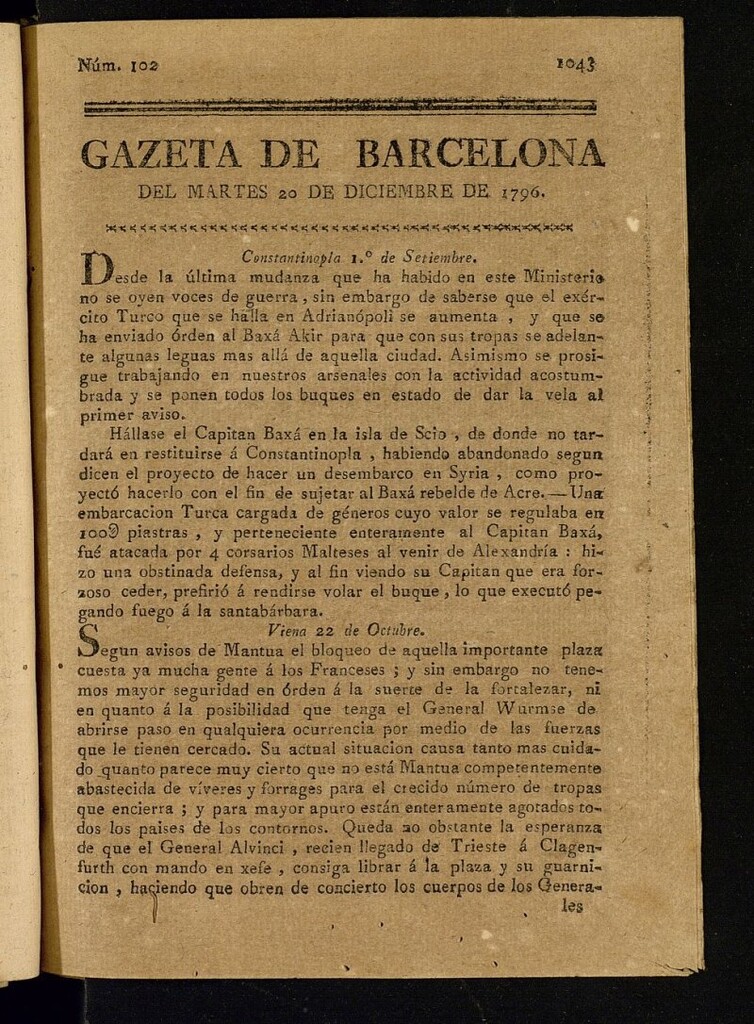 Miniatura de Gazeta de Barcelona de 20 de diciembre de 1796, nº 102