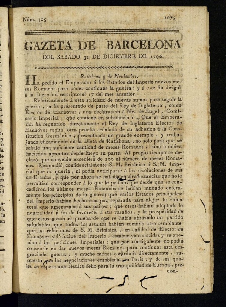 Miniatura de Gazeta de Barcelona de 31 de diciembre de 1796, nº 105