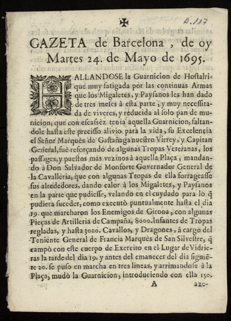 Miniatura de Gazeta de barcelona del 24 de mayo de 1695