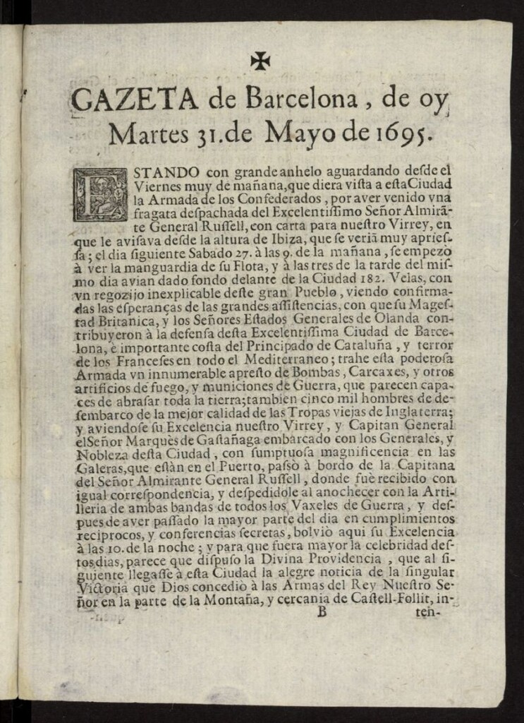Miniatura de Gazeta de barcelona del 31 de mayo de 1695
