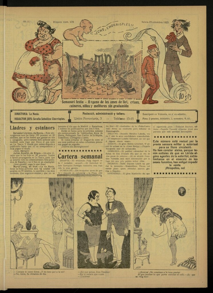 Miniatura de La Traca : semanari bilingüe festiu y lliterari de de 29 de septiembre de 1923, nº 630