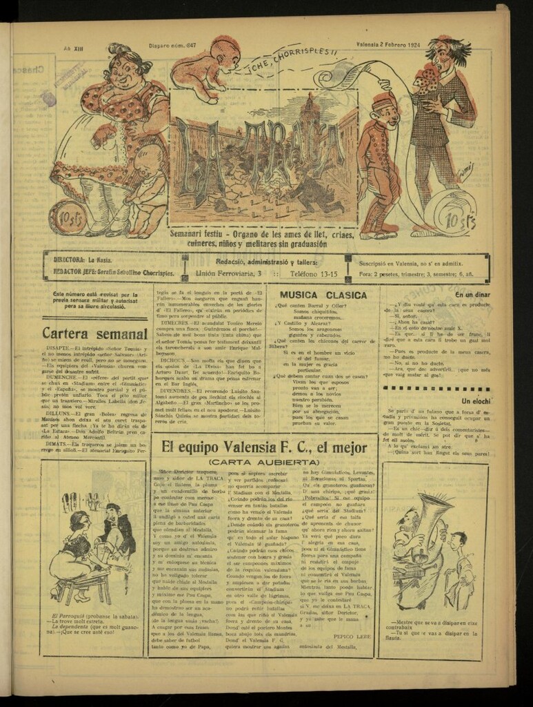 Miniatura de La Traca : semanari bilingüe festiu y lliterari de 2 de febrero de 1924, nº 647
