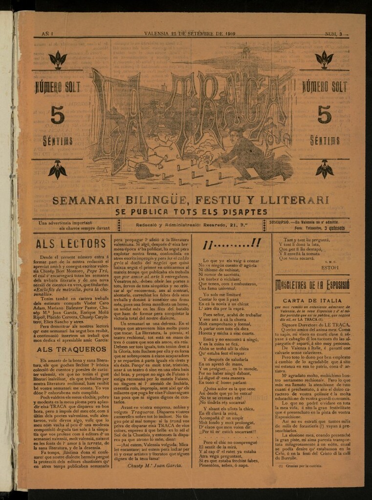 Miniatura de La Traca : semanari bilingüe festiu y lliterari, de 25 de septiembre de 1909, nº 3