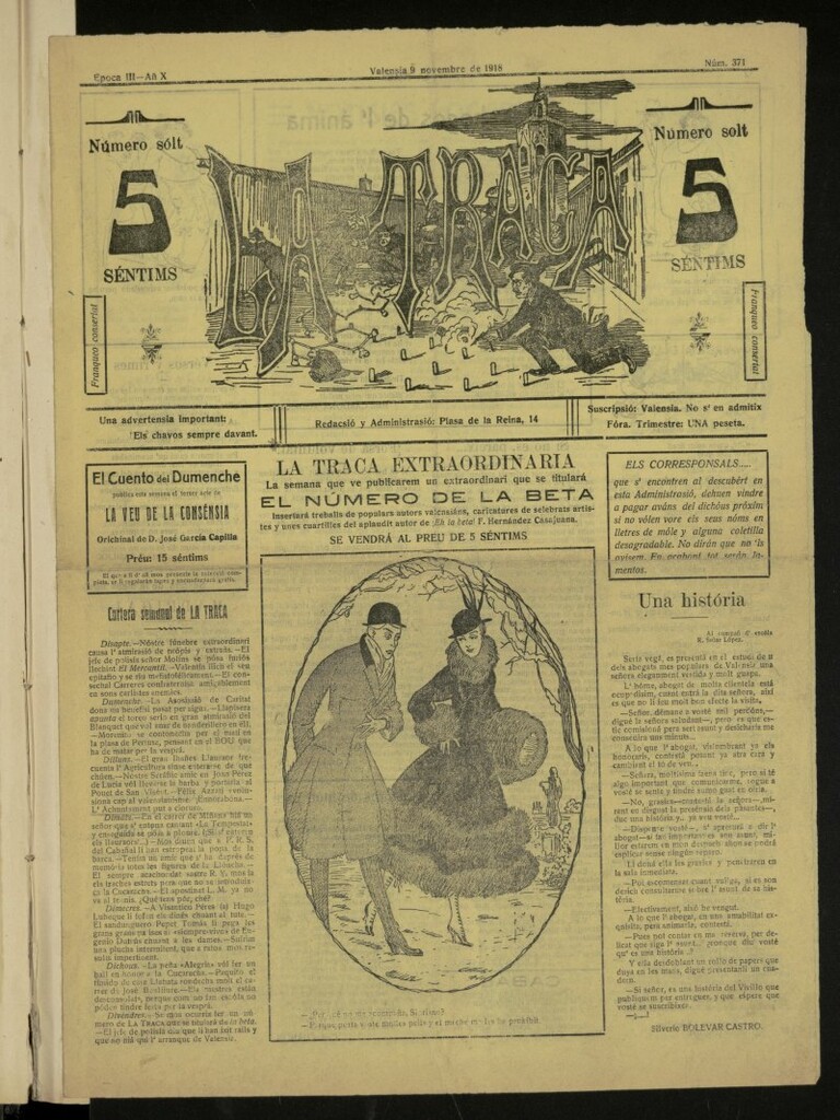 Miniatura de La Traca : semanari bilingüe festiu y lliterari, de 9 de noviembre de 1918, nº 371