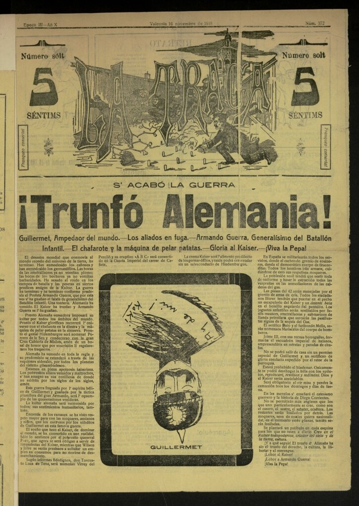 Miniatura de La Traca : semanari bilingüe festiu y lliterari, de 16 de noviembre de 1918, nº 372
