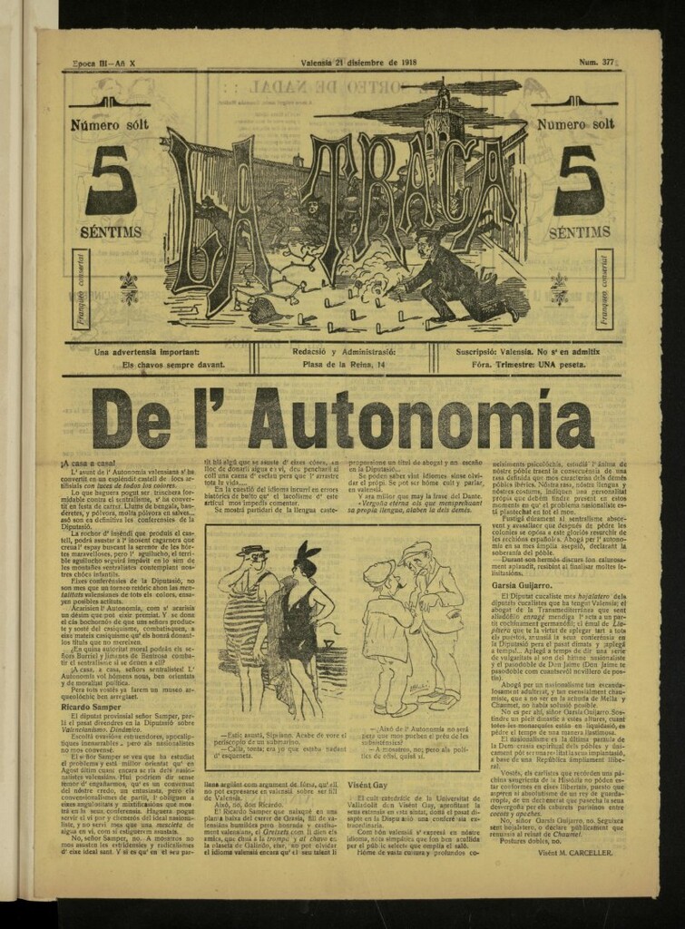 Miniatura de La Traca : semanari bilingüe festiu y lliterari, de 21 de diciembre de 1918, nº 377