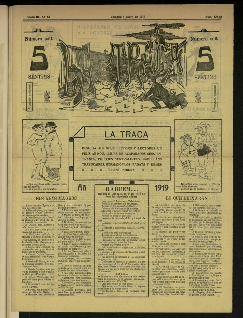 Miniatura de La Traca : semanari bilingüe festiu y lliterari, de 4 de enero de 1919, nº 379