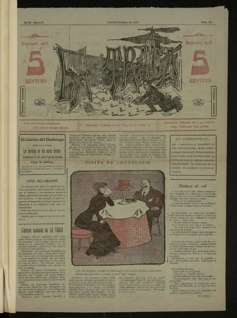 Miniatura de La Traca : semanari bilingüe festiu y lliterari, de 25 de enero de 1919, nº 381