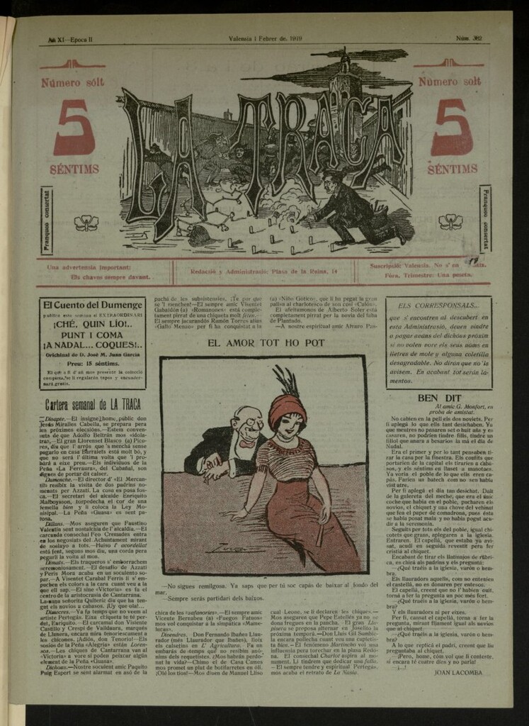 Miniatura de La Traca : semanari bilingüe festiu y lliterari, de 1 de febrero de 1919, nº 382