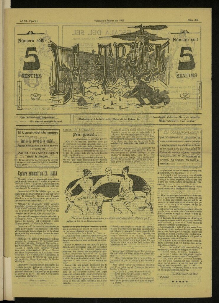 Miniatura de La Traca : semanari bilingüe festiu y lliterari, de 8 de febrero de 1919, nº 383