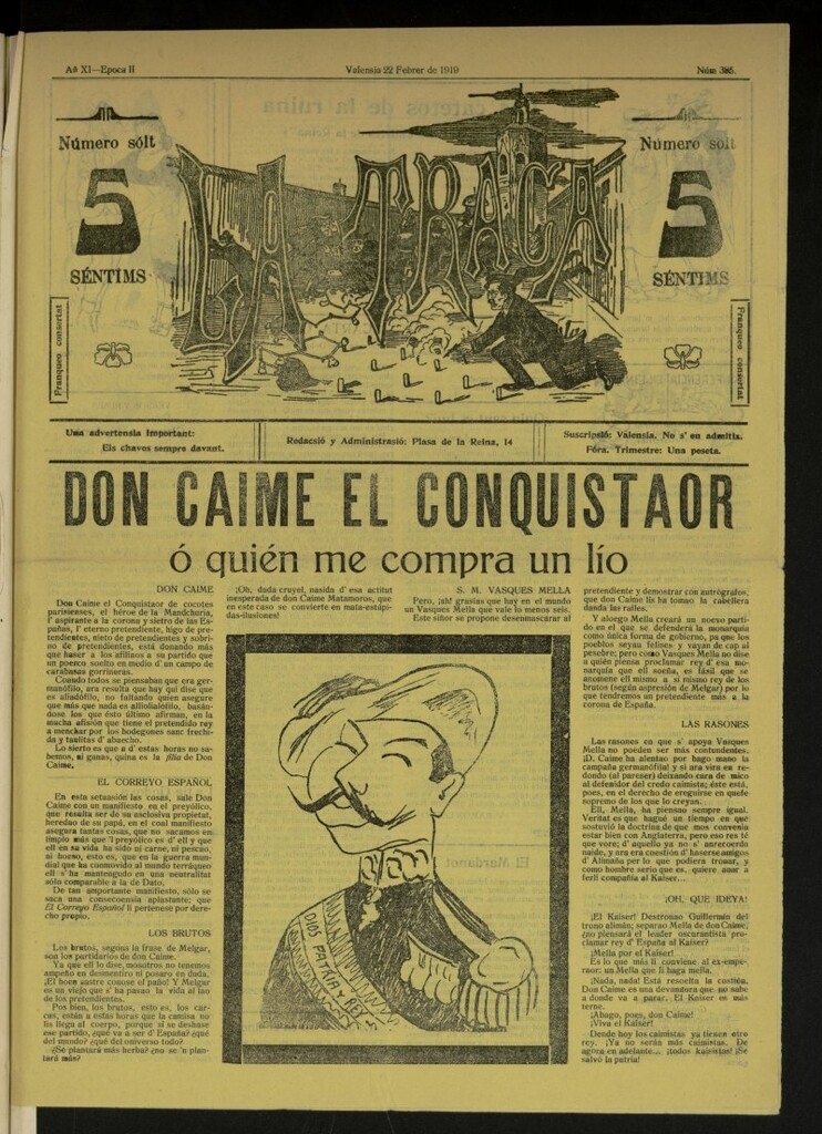 Miniatura de La Traca : semanari bilingüe festiu y lliterari, de 22 de febrero de 1919, nº 385