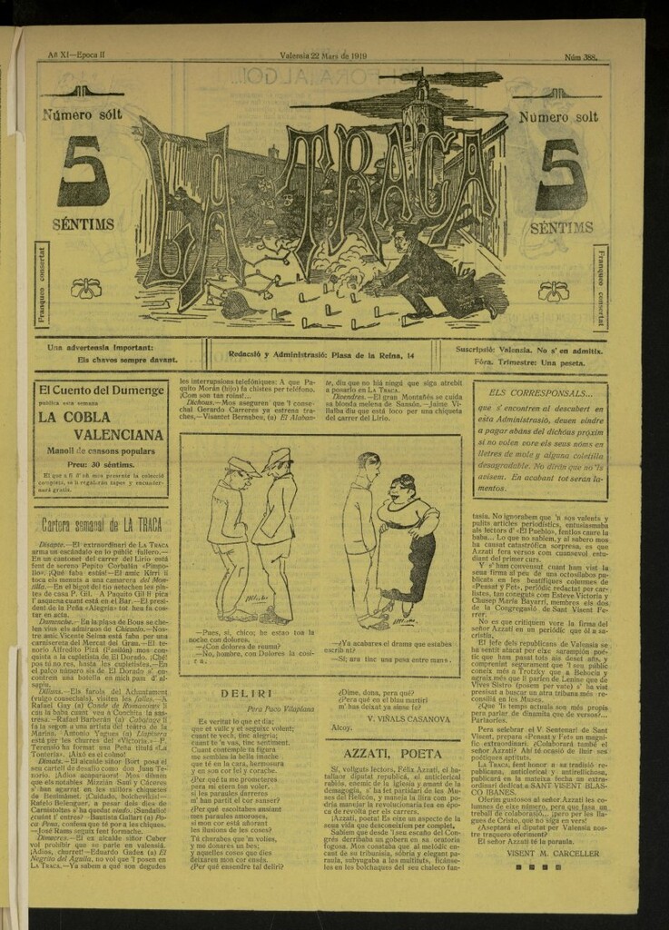 Miniatura de La Traca : semanari bilingüe festiu y lliterari, de 22 de marzo de 1919, nº 388