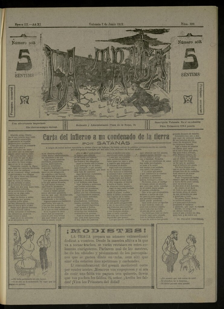 Miniatura de La Traca : semanari bilingüe festiu y lliterari, de 7 de junio de 1919, nº 398
