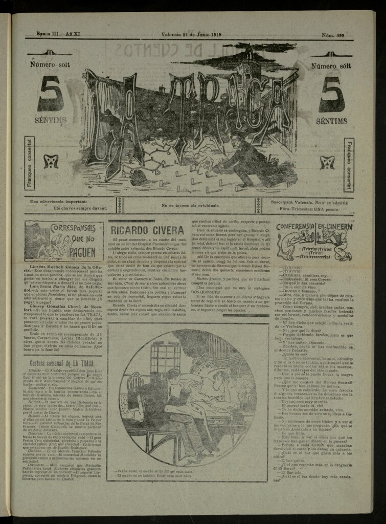 Miniatura de La Traca : semanari bilingüe festiu y lliterari, de 21 de junio de 1919, nº 399