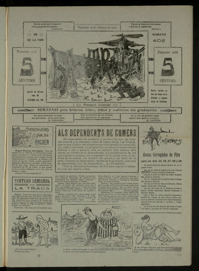 Miniatura de La Traca : semanari bilingüe festiu y lliterari, de 12 de julio de 1919, nº 402