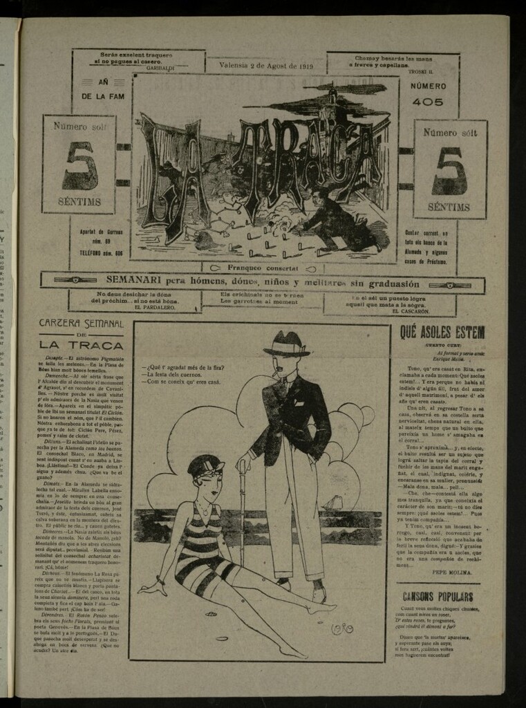 Miniatura de La Traca : semanari bilingüe festiu y lliterari, de 2 de agosto de 1919, nº 405