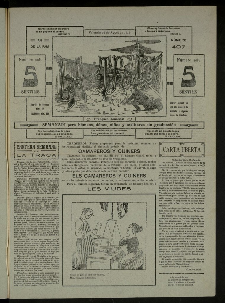 Miniatura de La Traca : semanari bilingüe festiu y lliterari, de 16 de agosto de 1919, nº 407