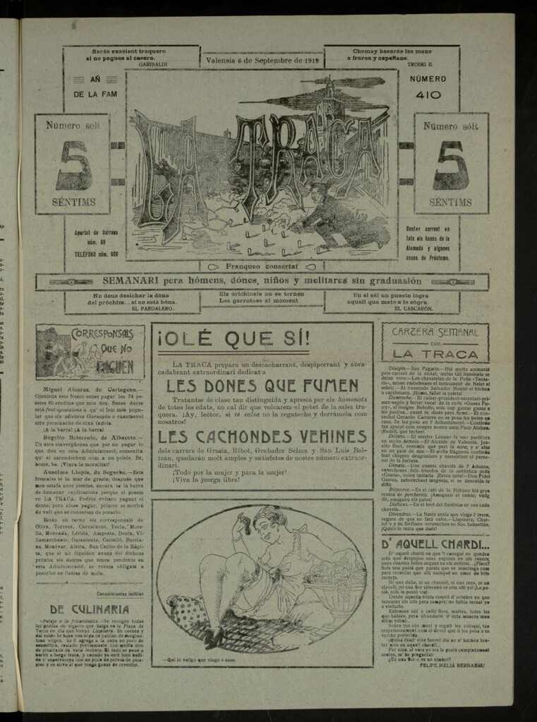 Miniatura de La Traca : semanari bilingüe festiu y lliterari, de 6 de septiembre de 1919, nº 410