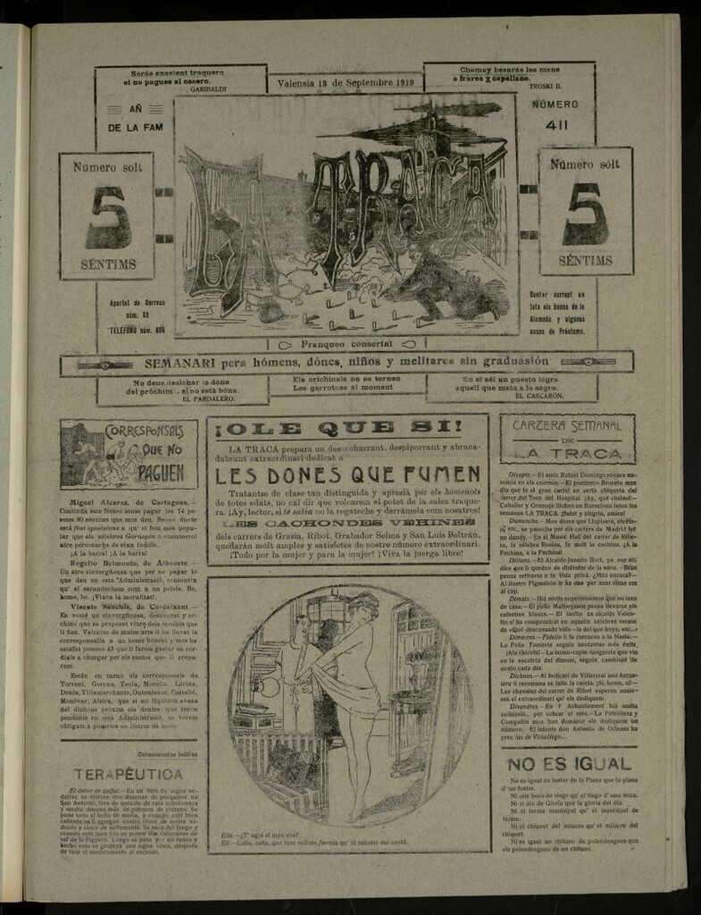 Miniatura de La Traca : semanari bilingüe festiu y lliterari, de 13 de septiembre de 1919, nº 411