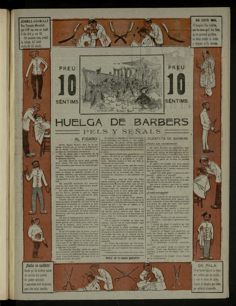 Miniatura de La Traca : semanari bilingüe festiu y lliterari, nº extraordináriom a la huelga de barberos