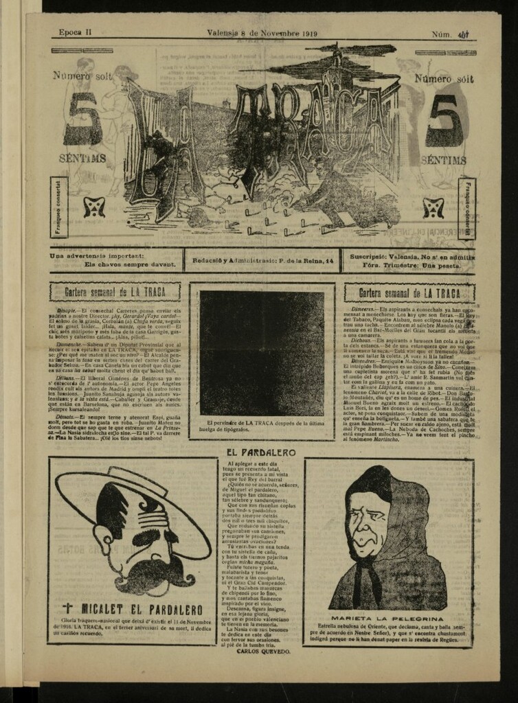 Miniatura de La Traca : semanari bilingüe festiu y lliterari, de 8 de noviembre de 1919, nº 421 [sic]