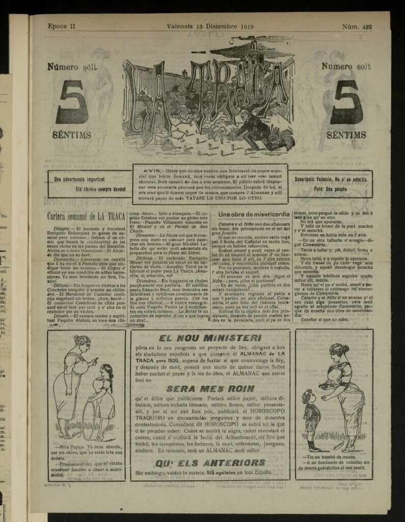 Miniatura de La Traca : semanari bilingüe festiu y lliterari, de 13 de diciembre de 1919, nº 422