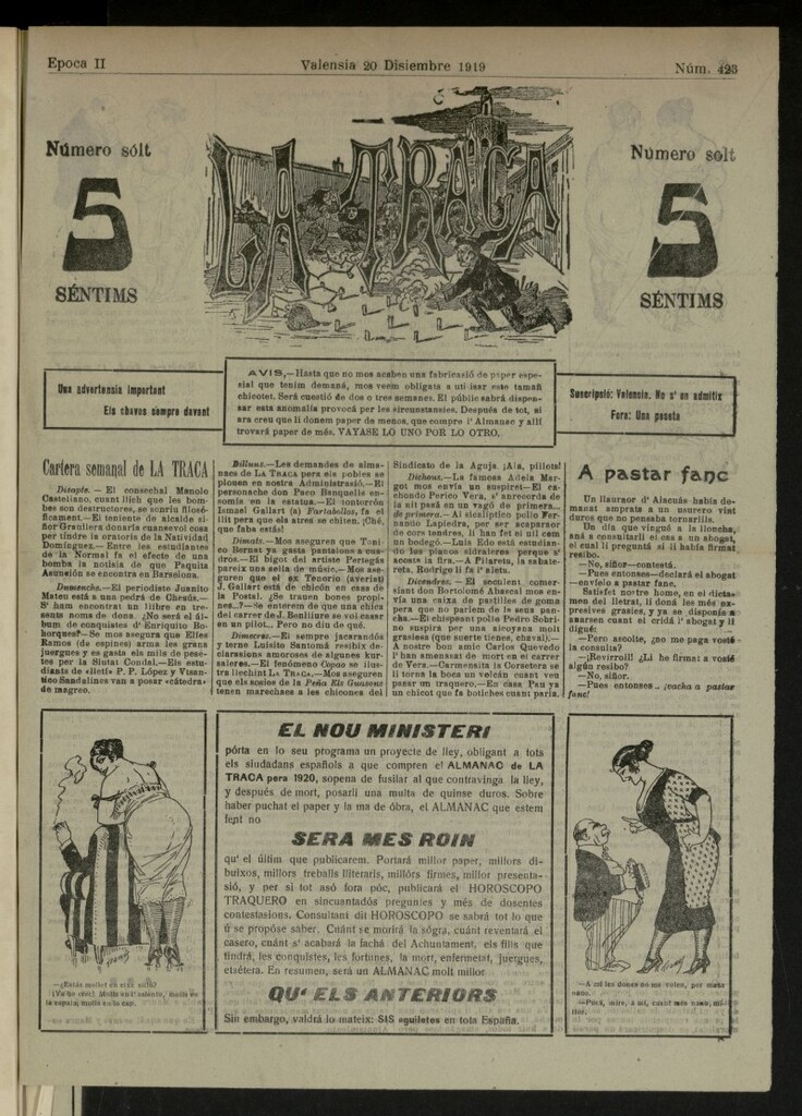 Miniatura de La Traca : semanari bilingüe festiu y lliterari, de 20 de diciembre de 1919, nº 423