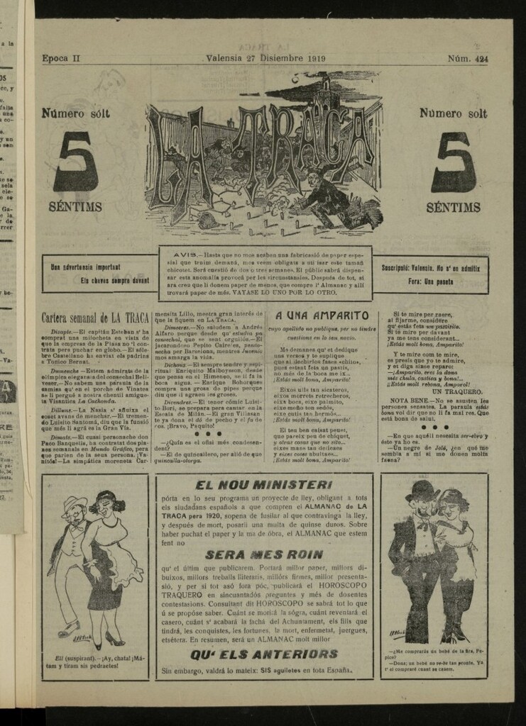 Miniatura de La Traca : semanari bilingüe festiu y lliterari, del 27 de diciembre de 1919, nº 424