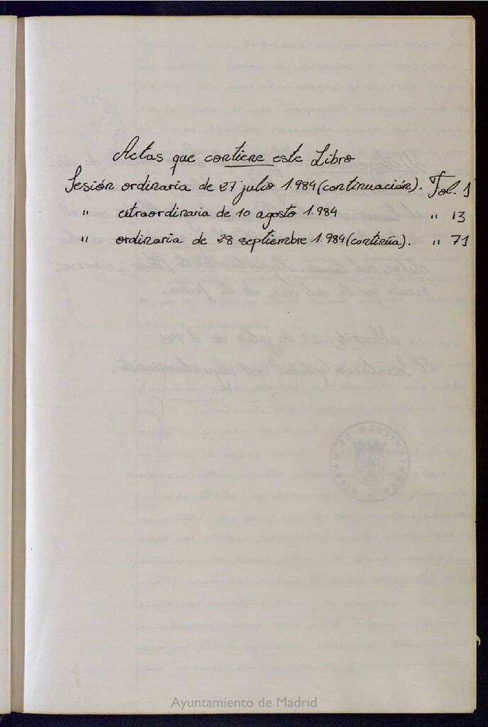 Miniatura de Actas de acuerdos del Pleno del Ayuntamiento. Tomo 4 del año 1984 (27 julio a 28 septiembre)