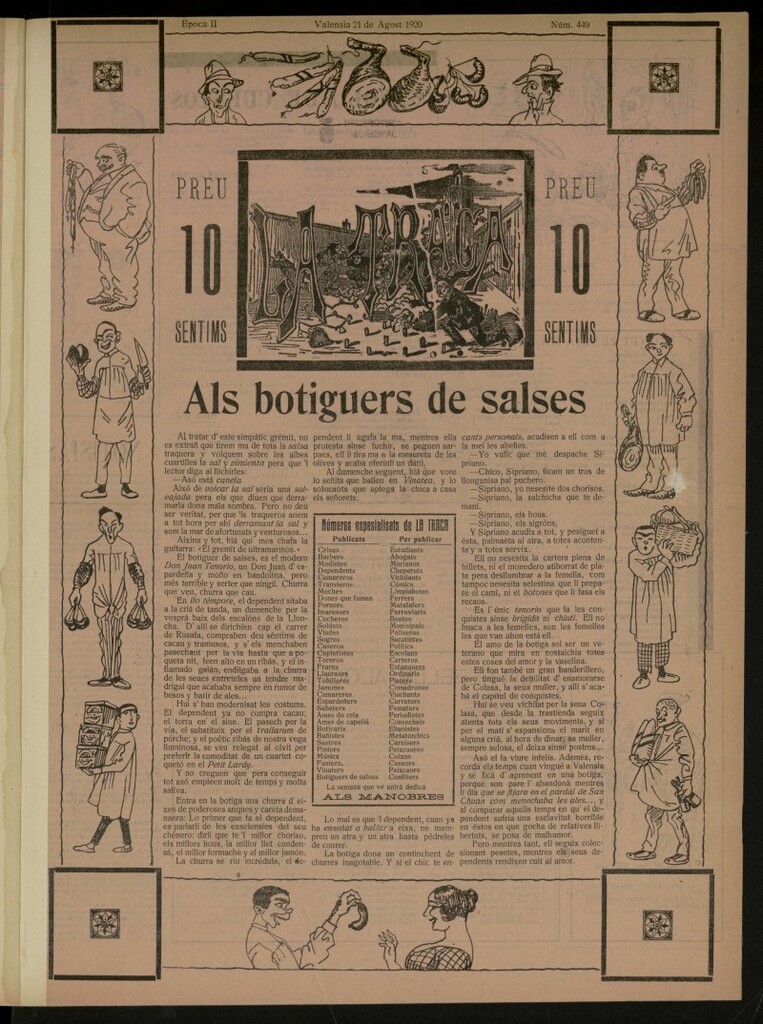 Miniatura de La Traca : semanari bilingüe festiu y lliterari, de 21 de agosto de 1920, nº 449