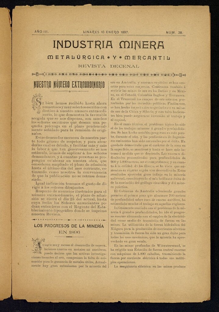 Miniatura de La Industria Minera Metalurgica y Mercantil Linares de 10 de enero de 1897, nº 38