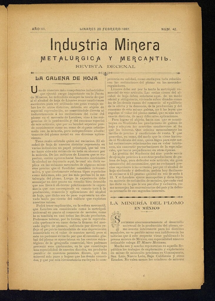 Miniatura de La Industria Minera Metalurgica y Mercantil Linares de 20 de febrero de 1897, nº 42