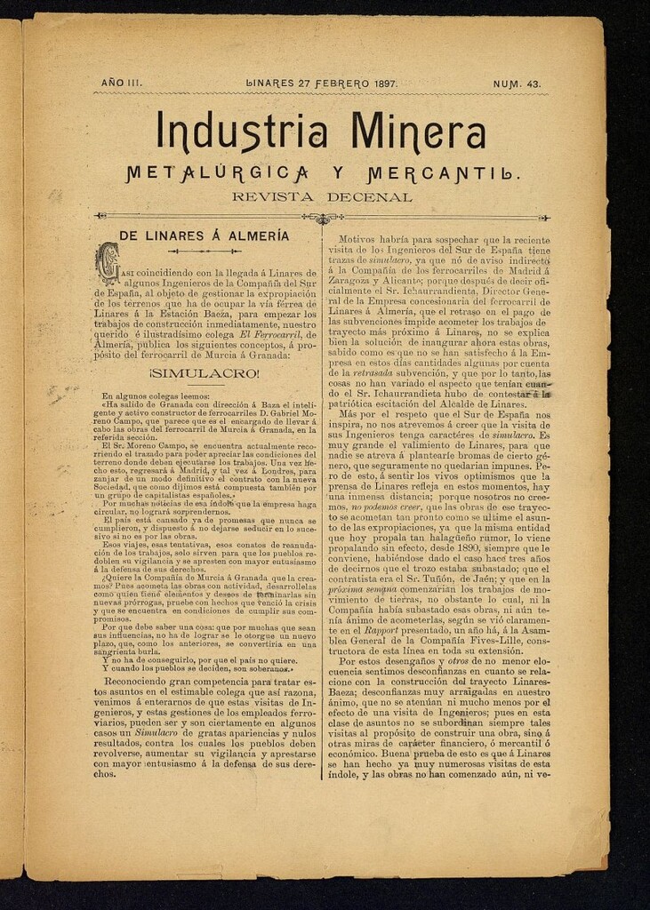 Miniatura de La Industria Minera Metalurgica y Mercantil Linares de 27 de febrero de 1897, nº 43