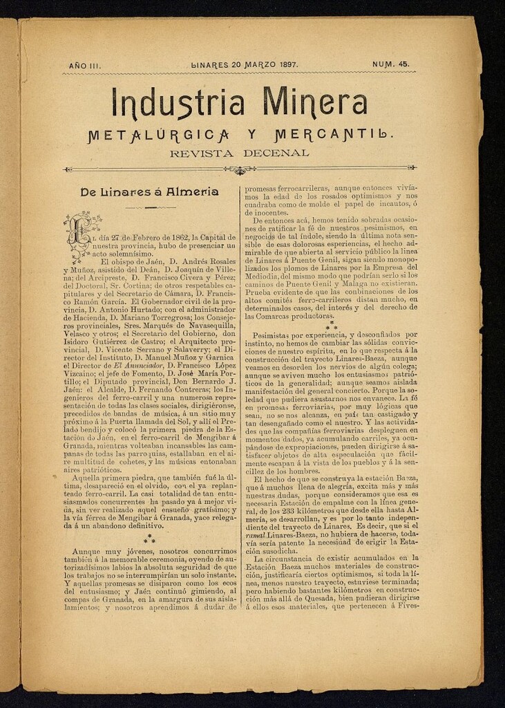 Miniatura de La Industria Minera Metalurgica y Mercantil Linares de 20 de marzo de 1897, nº 45
