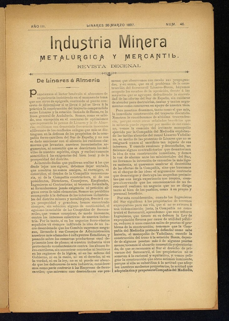 Miniatura de La Industria Minera Metalurgica y Mercantil Linares de 30 de marzo de 1897, nº 46