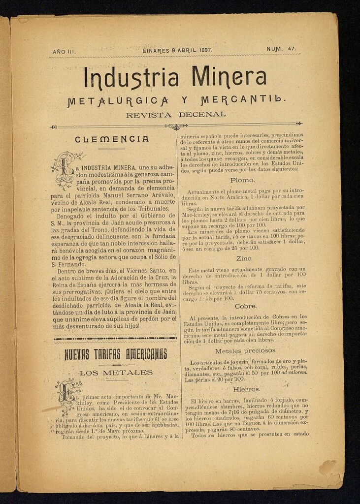 Miniatura de La Industria Minera Metalurgica y Mercantil Linares de 9 de abril de 1897, nº 47