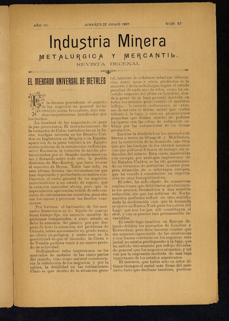 Miniatura de La Industria Minera Metalurgica y Mercantil Linares de 22 de julio de 1897, nº 57